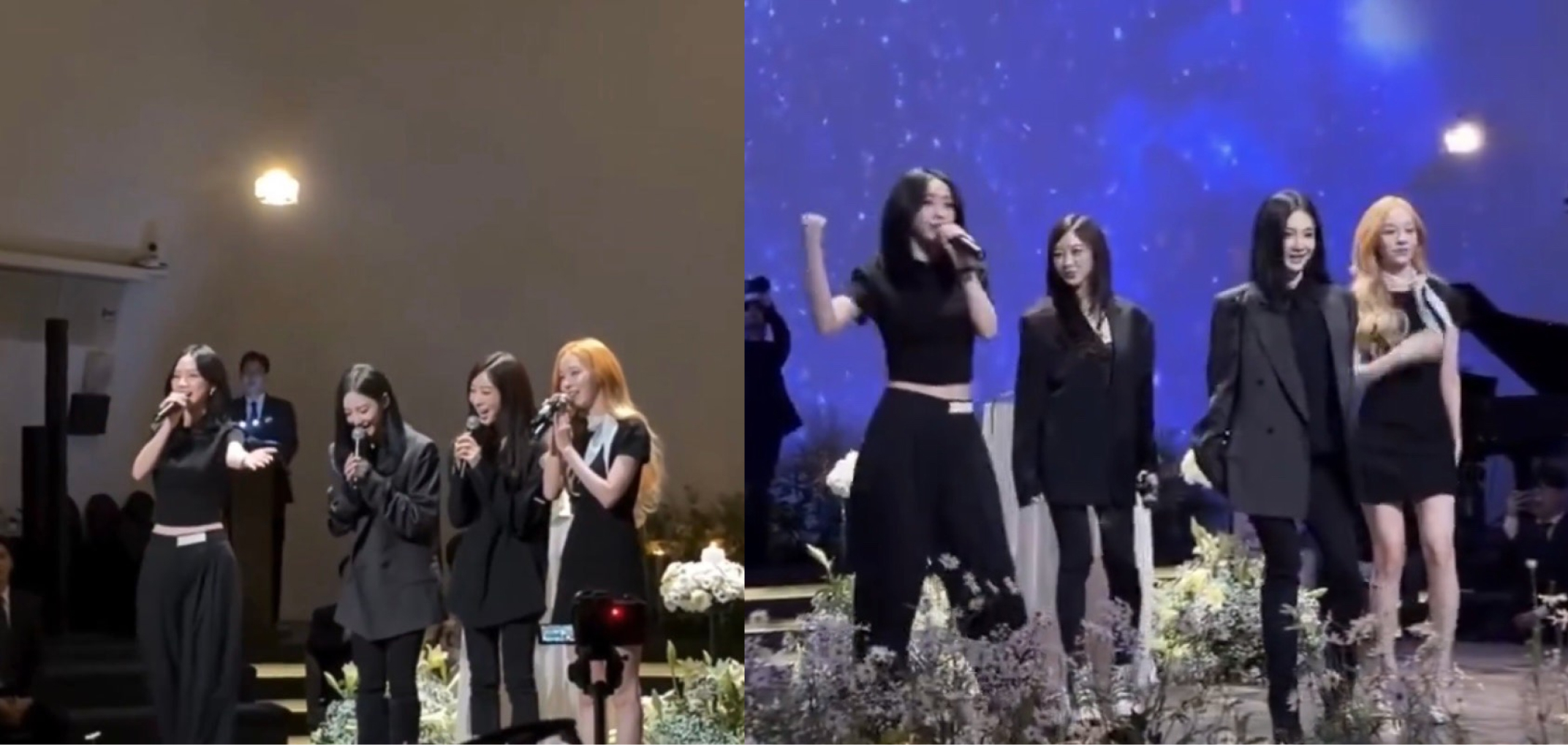 청담 드레스가든 블리스돔에서 에스파 카리나 윈터 닝닝 지젤이 Supernova 축가 무대를 선보이는 모습